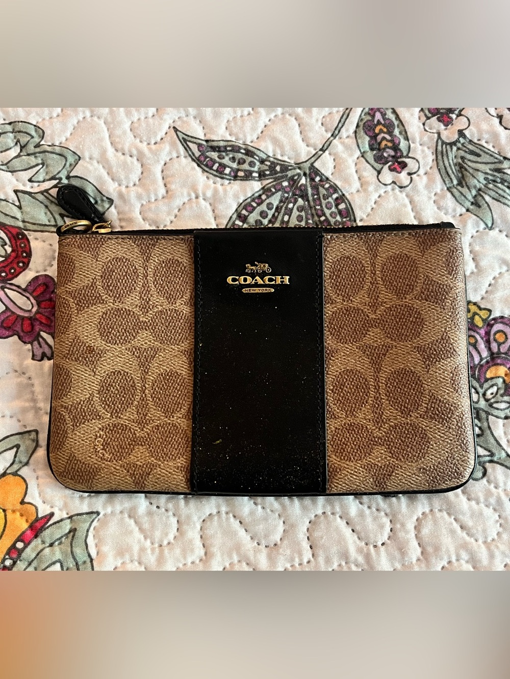 Coach Brown Black Leather Wristlet Clutch Monogram Wallet Zip Zipper - 2218